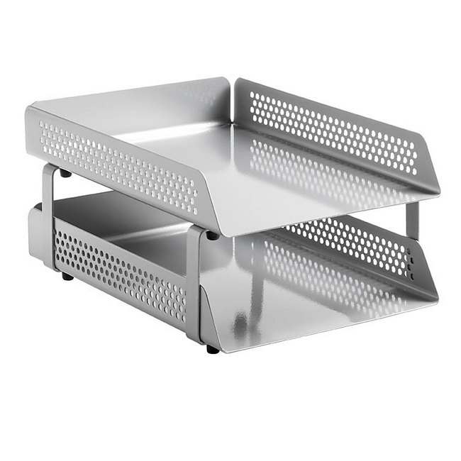 Double Letter Tray - Round Perforated Steel Range - Metal - 35 x 25 x 17 cm - Silver - 800SI