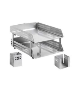 Desk Set - Square Punch Steel Range - Metal - Letter Tray - Pencil Cube and Cup - Silver - 412SI