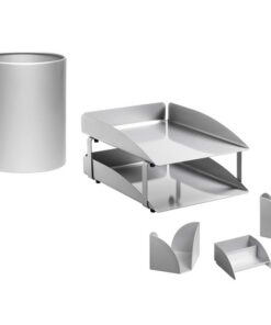 Desk Set - Modern Steel Range - Metal - Letter Tray - Waste Bin - Business Card Holder - Pencil Cube and Cup - Silver - 410SI